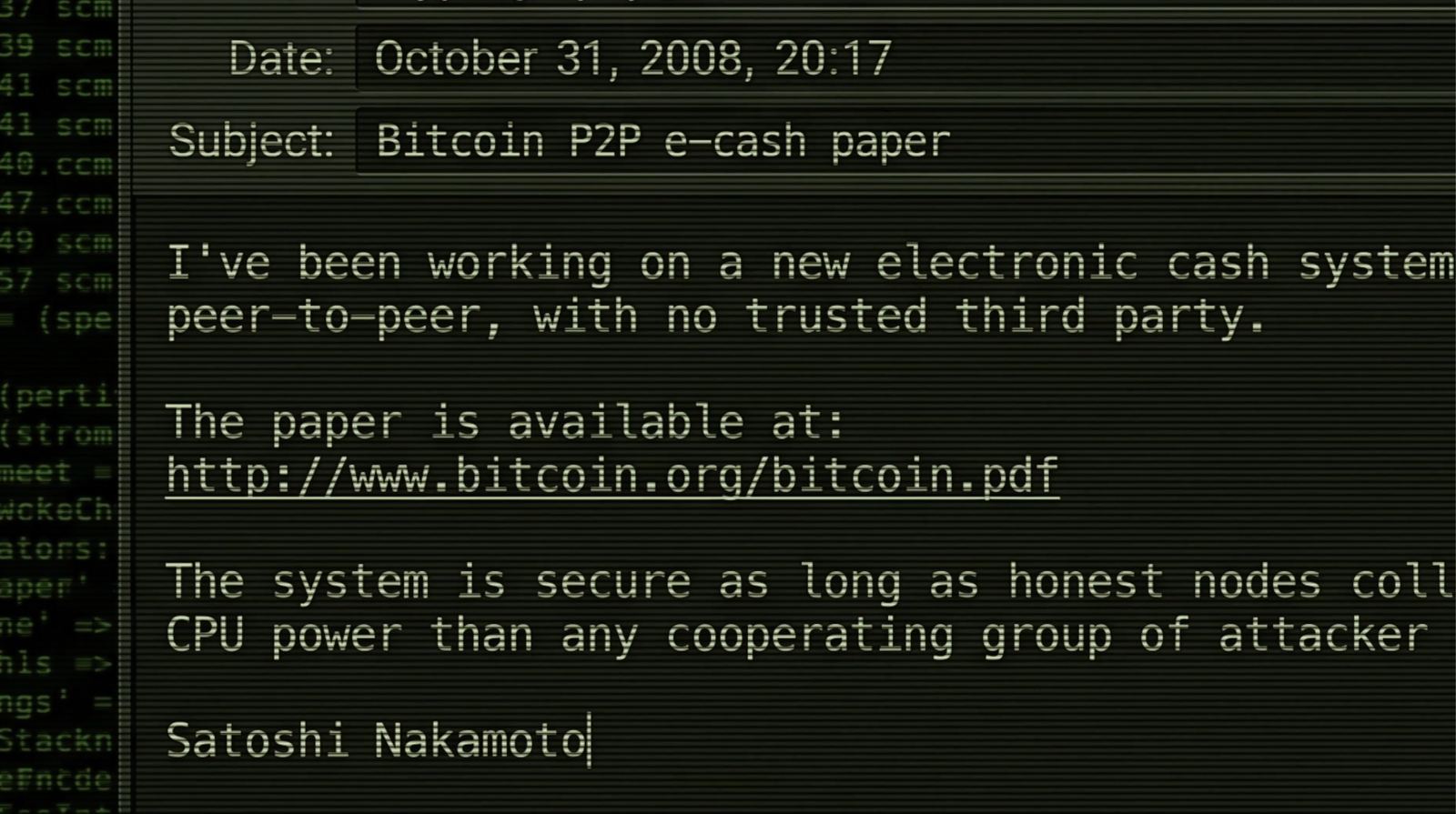 October 31, 2008: The whitepaper announcement as it appears on screen. The Bitcoin Rebellion, Sovereign Truth Media.